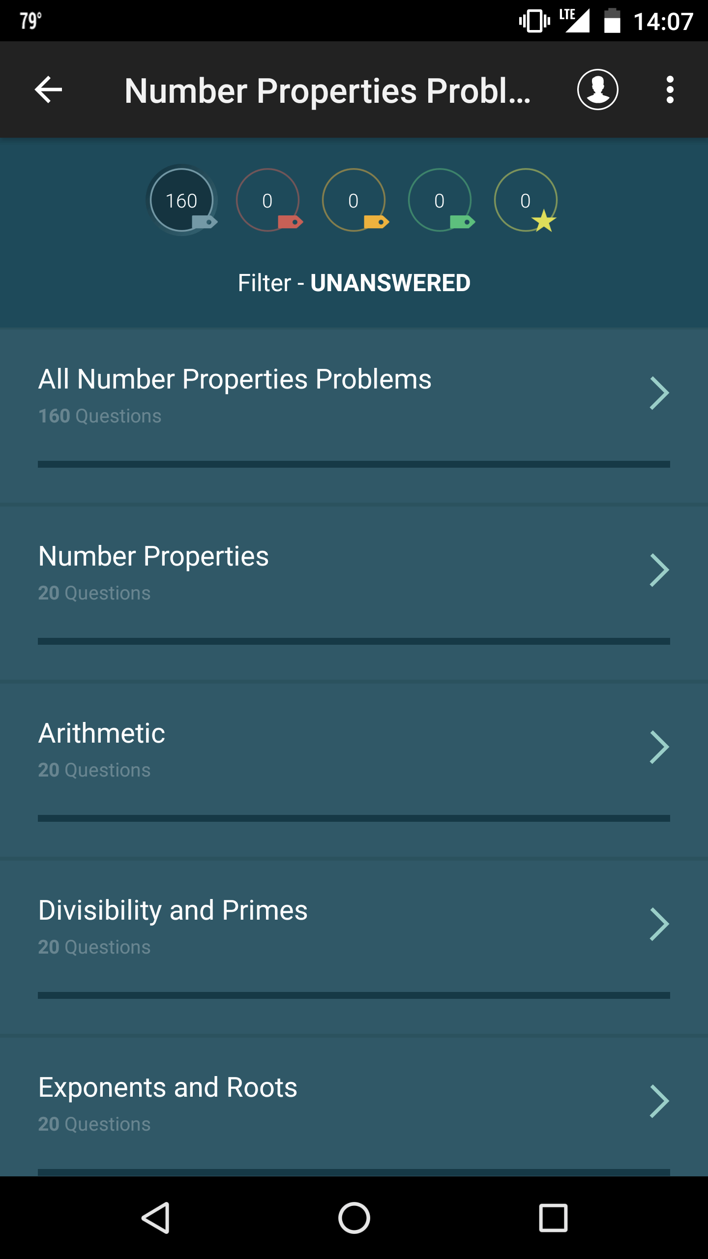 Manhattan Prep GRE Android App - All Quantitative Reasoning Categories Screen