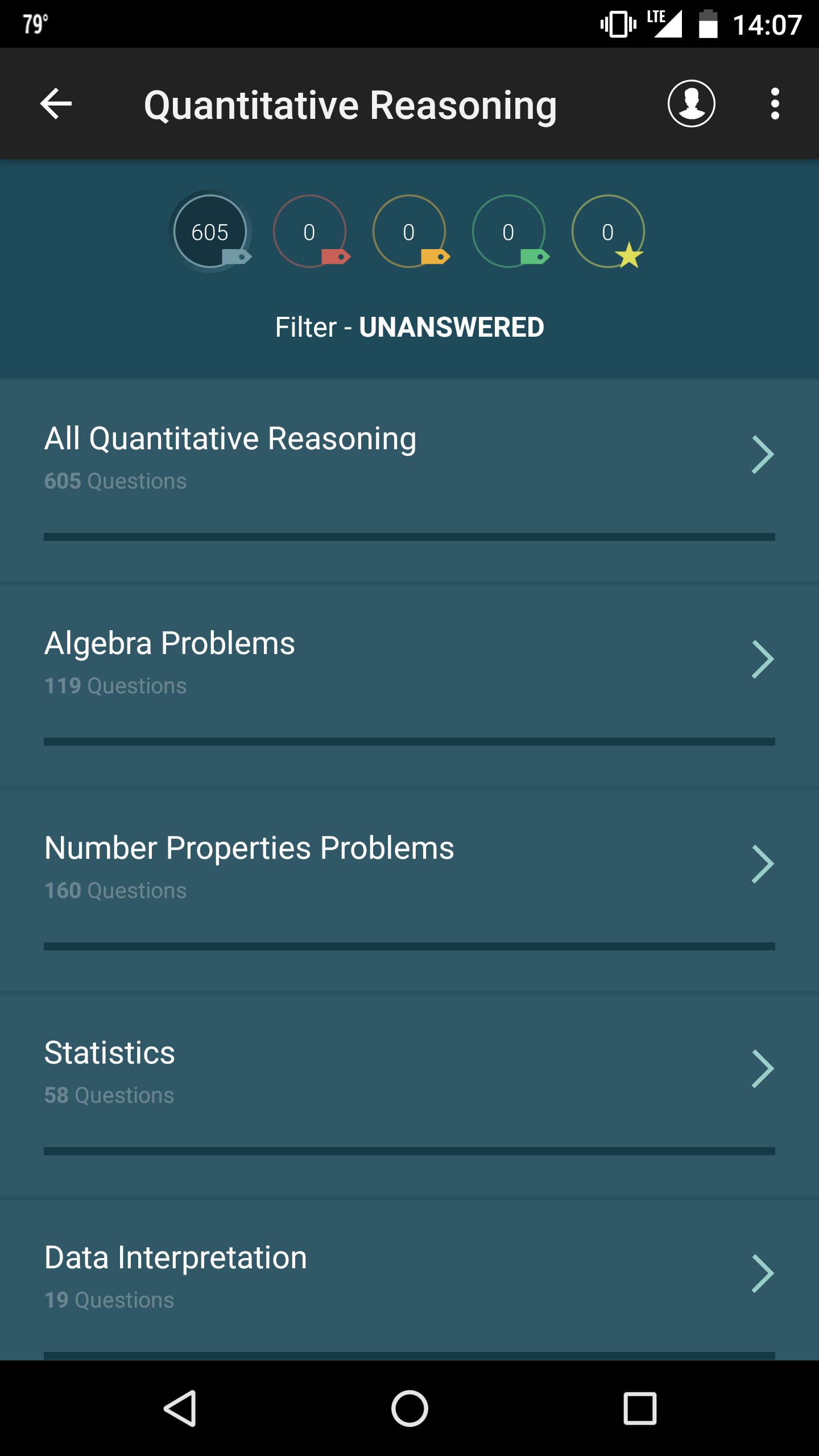 Manhattan Prep GRE Android App - Questions Categories Screen