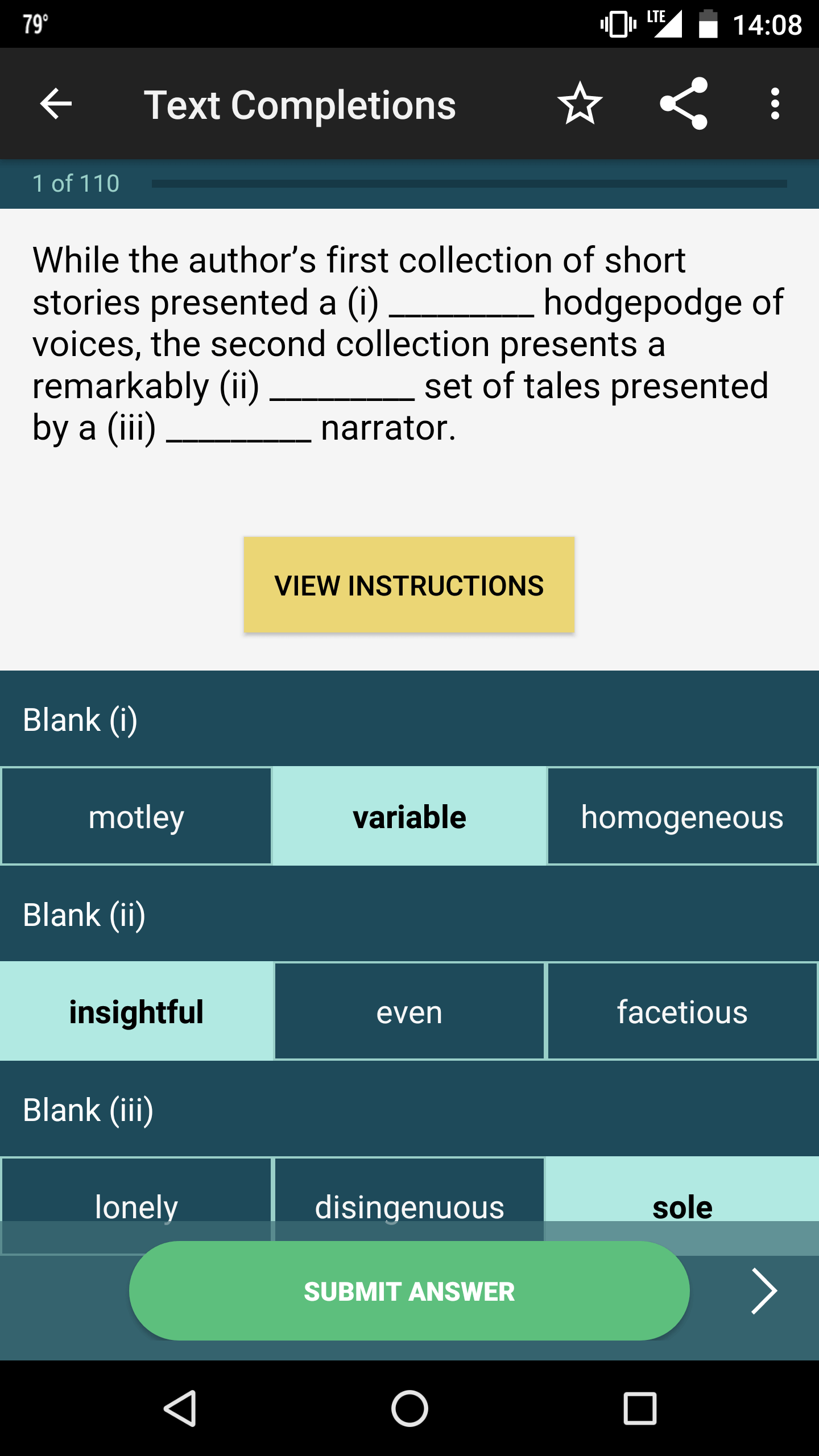 Manhattan Prep GRE Android App - Verbal Reasoning Questions Screen