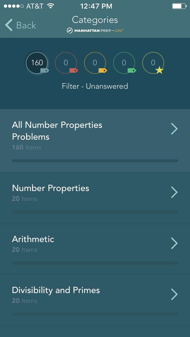 Manhattan Prep GRE iOS App - All Quantitative Reasoning Categories Screen