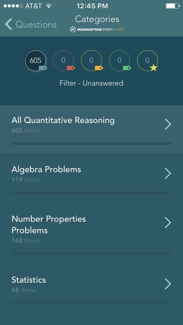 Manhattan Prep GRE iOS App - Questions Categories Screen