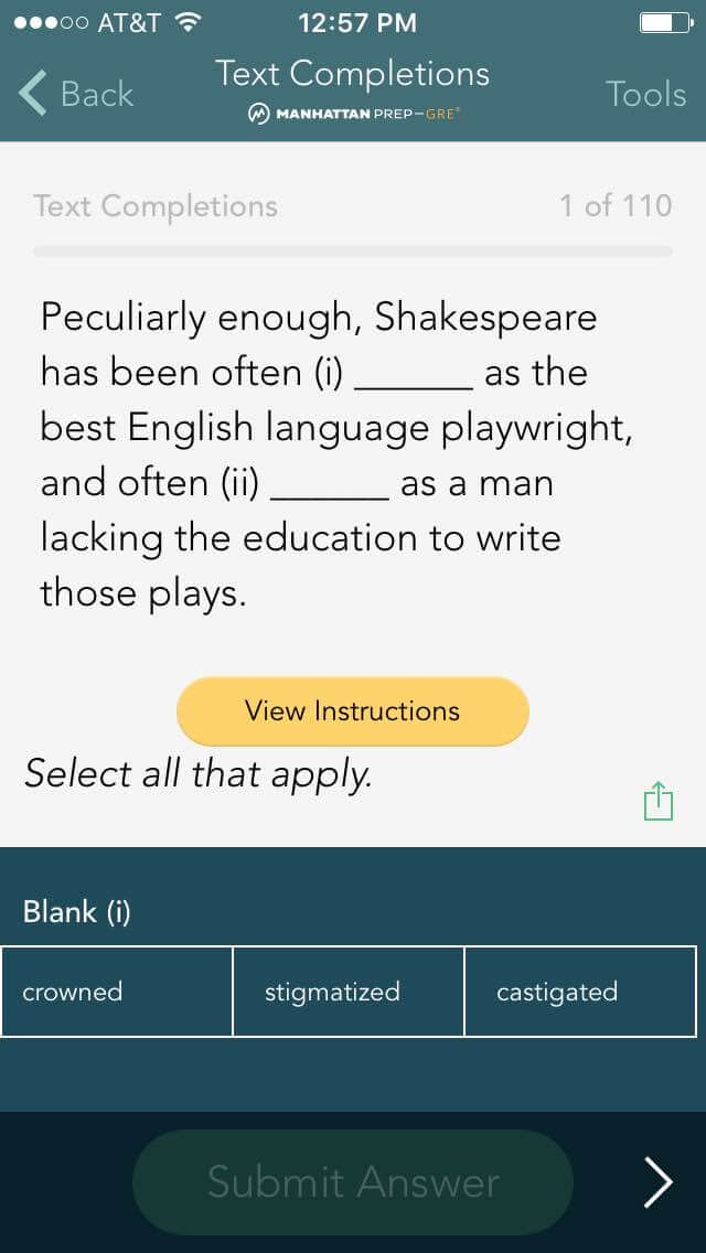 Manhattan Prep GRE iOS App - Verbal Reasoning Questions Screen